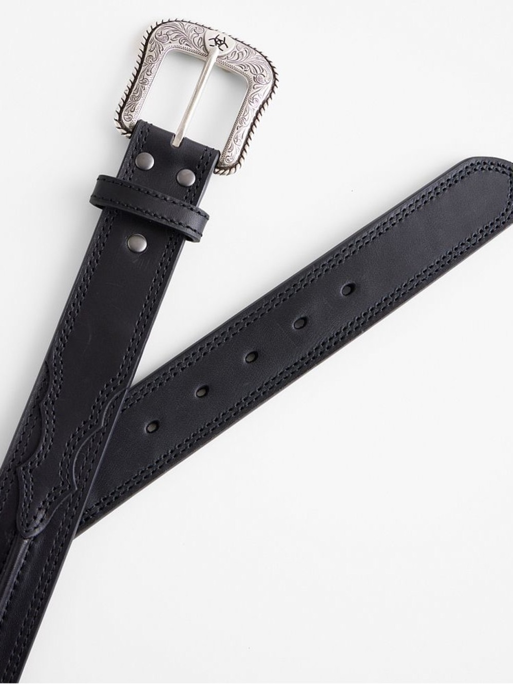 Ariat Men's Black Center Ridge Genuine Leather Belt Silver Buckle with Logo